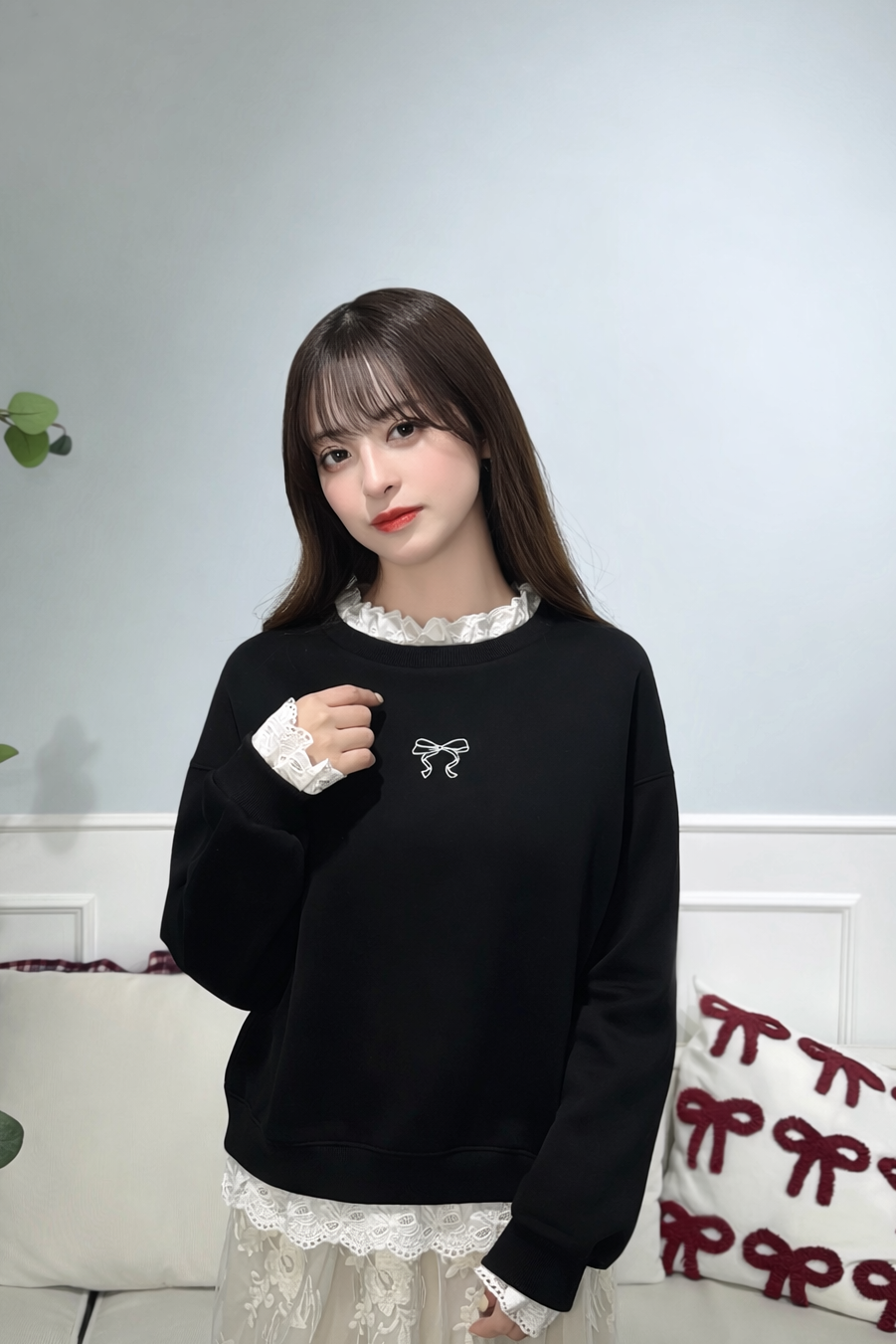 Chic Ribbon Lace Sweatshirt