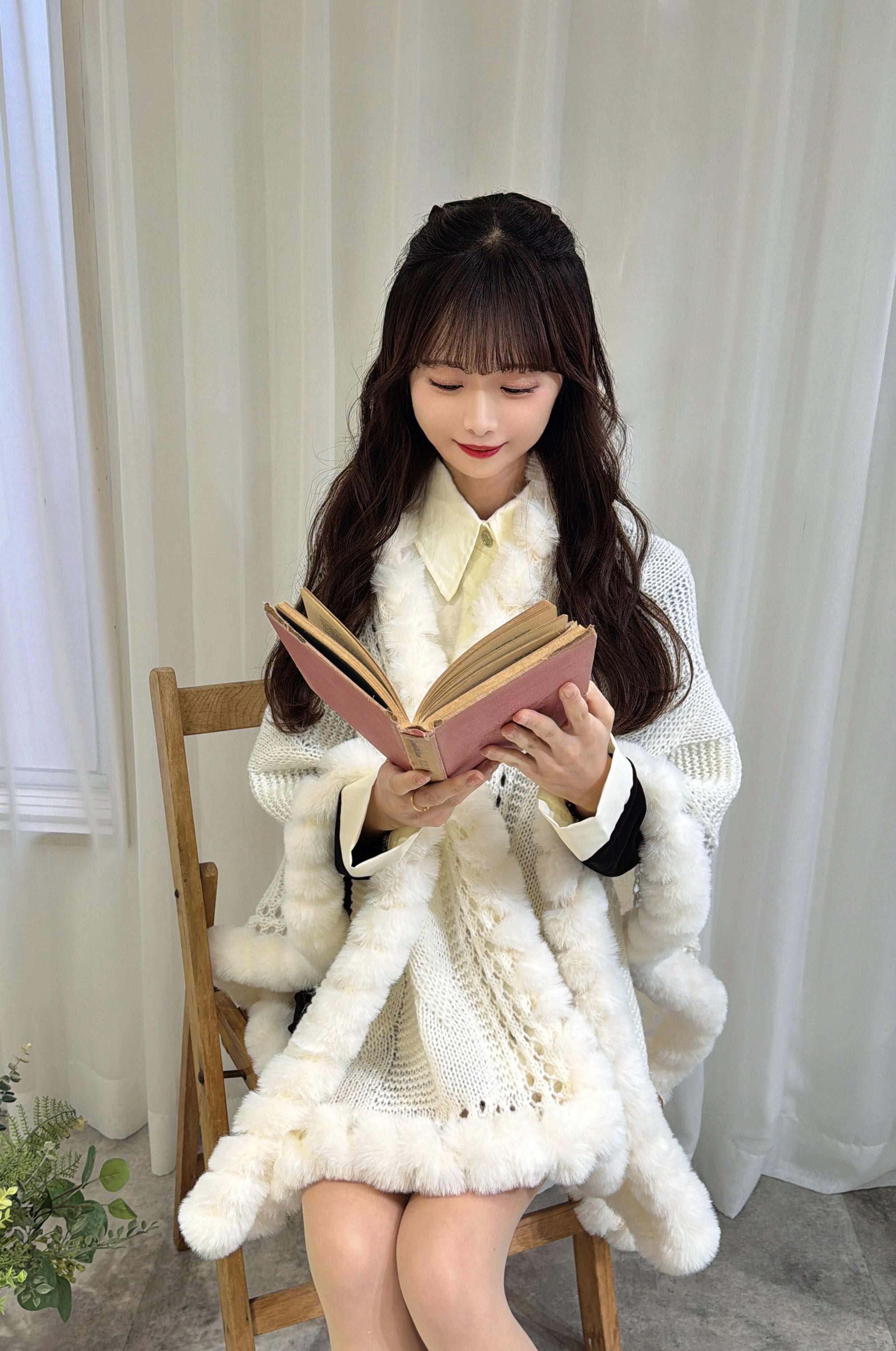 Milky Fur Trim Knit Poncho Cardigan