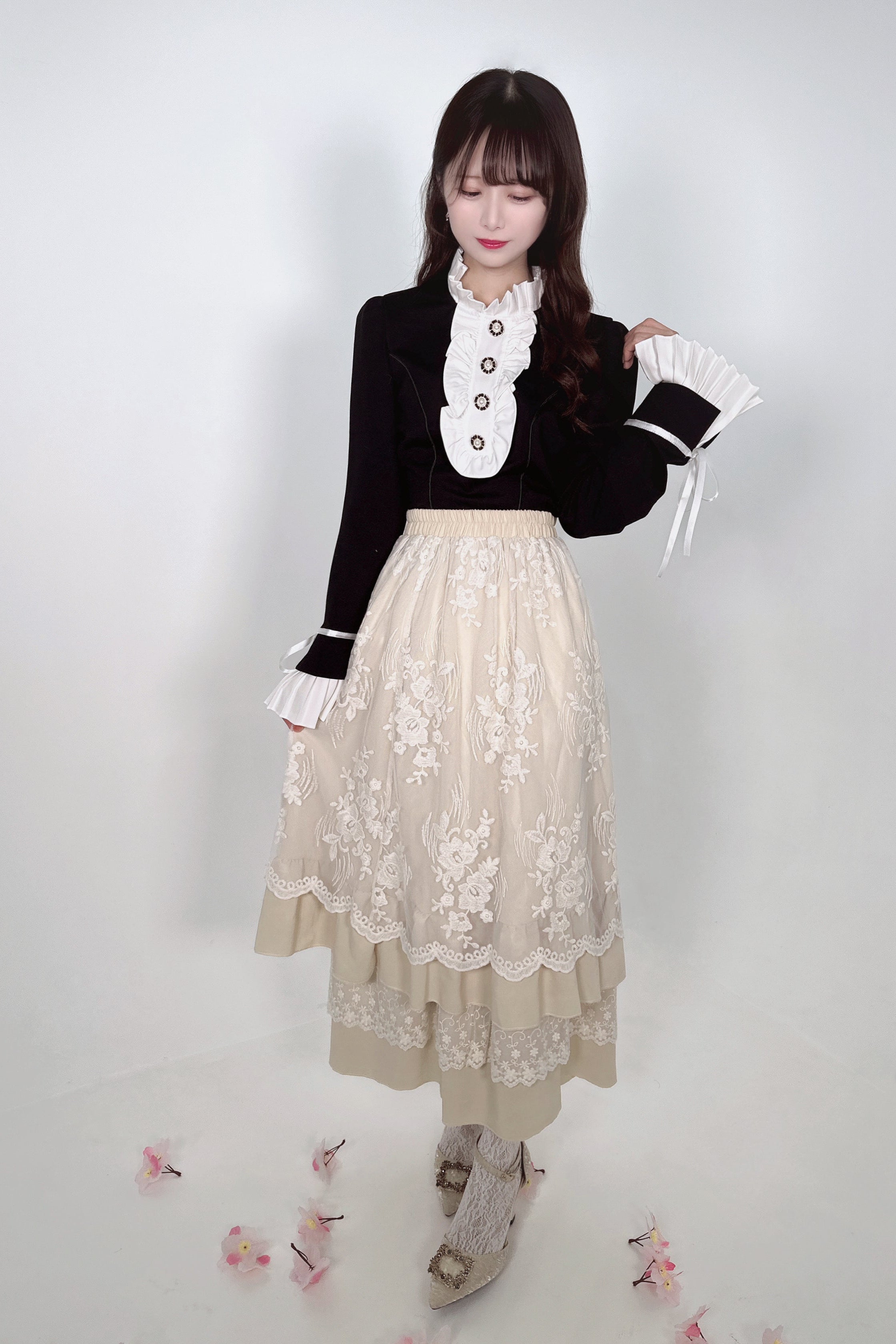 French Embroidery Lace Frill High Waist Skirt