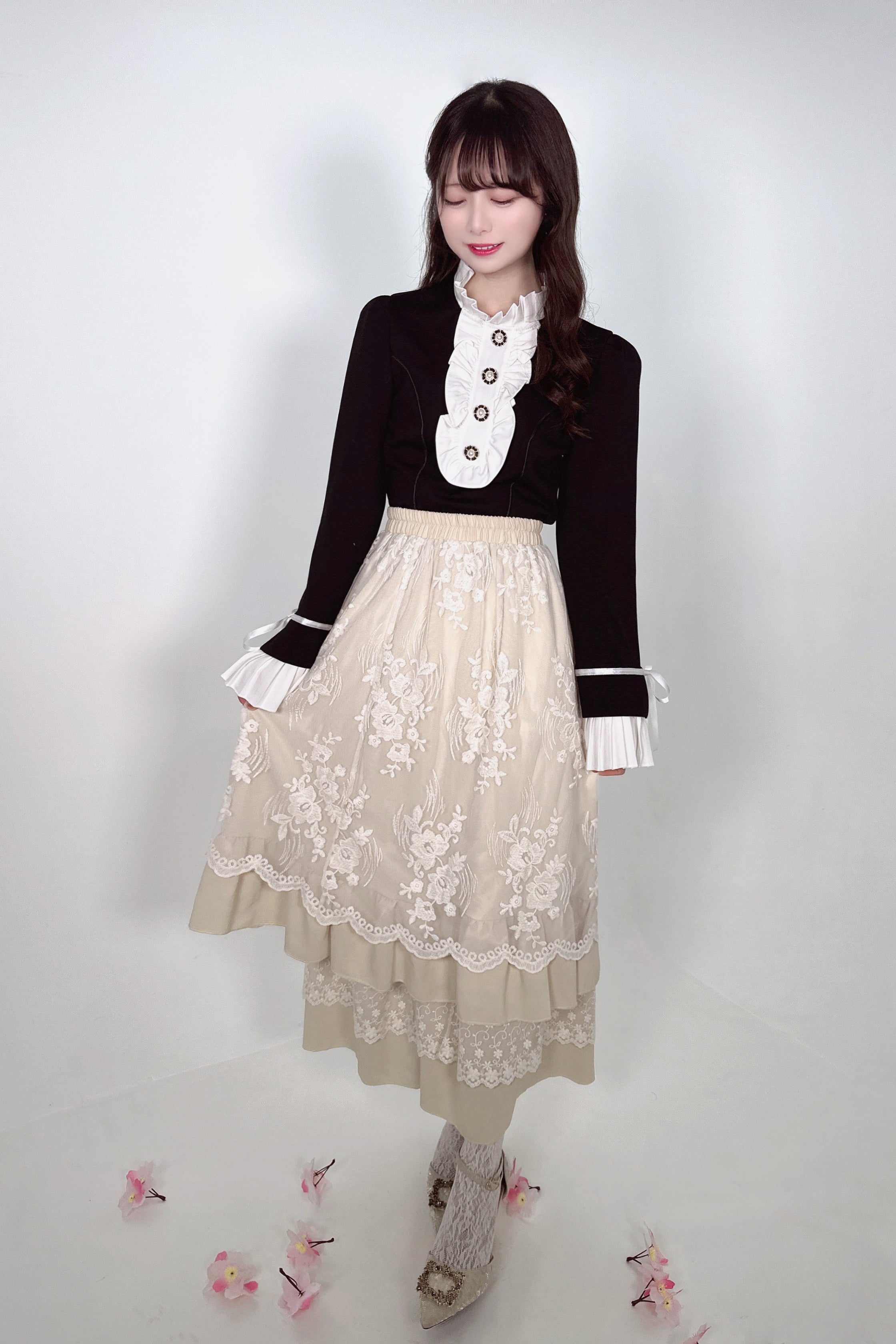 French Embroidery Lace Frill High Waist Skirt