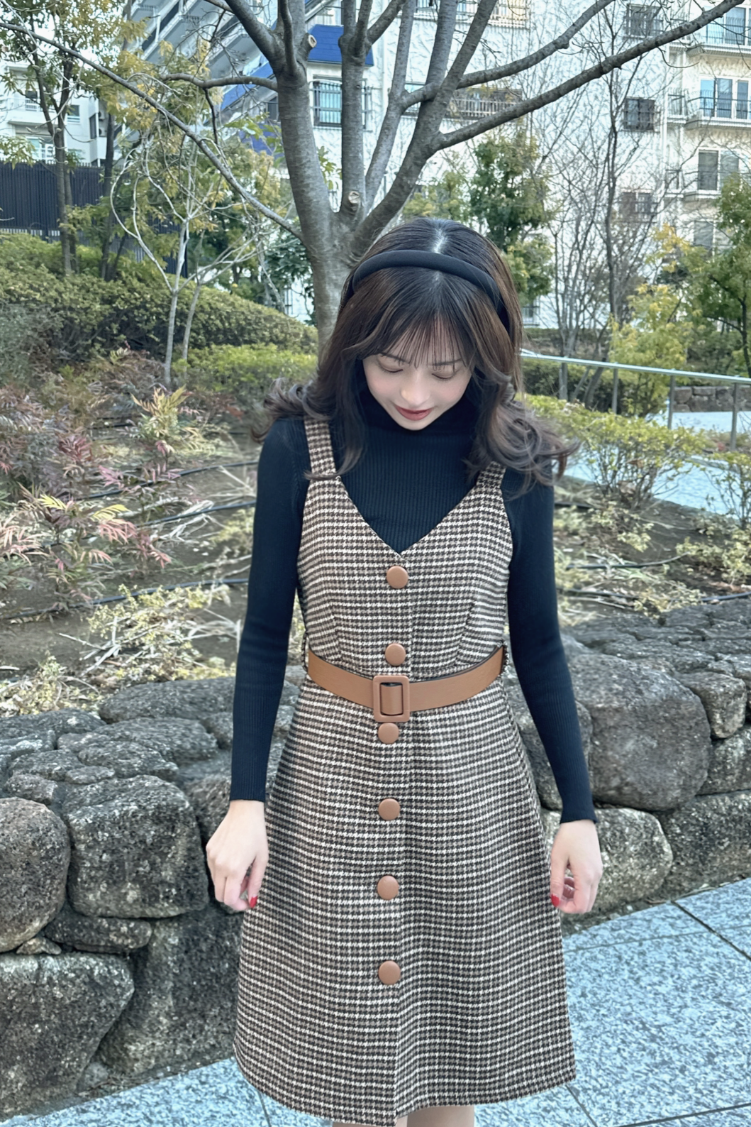 Retro A-line brown Check Dress Set