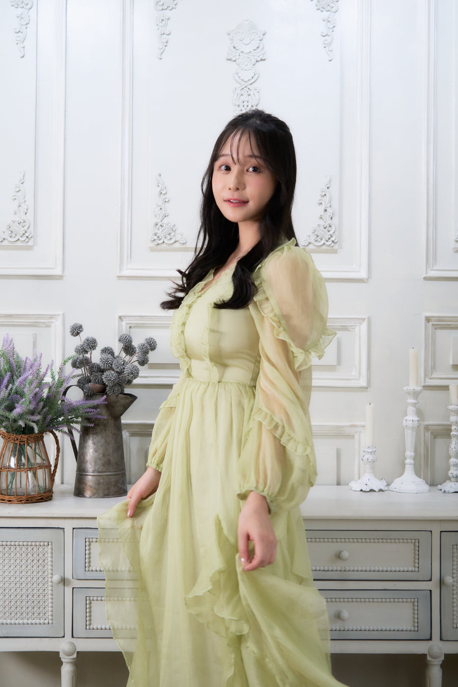 french v neck light green dress