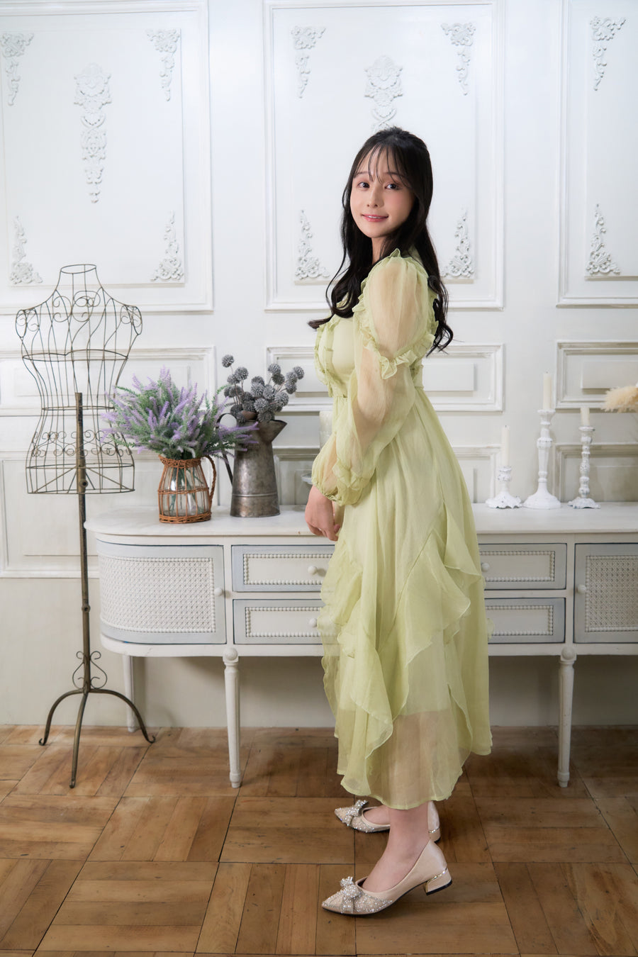 french v neck light green dress