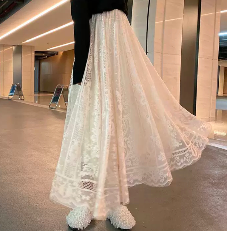 floral lace flared natural cute skirt