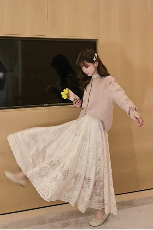 floral lace flared natural cute skirt