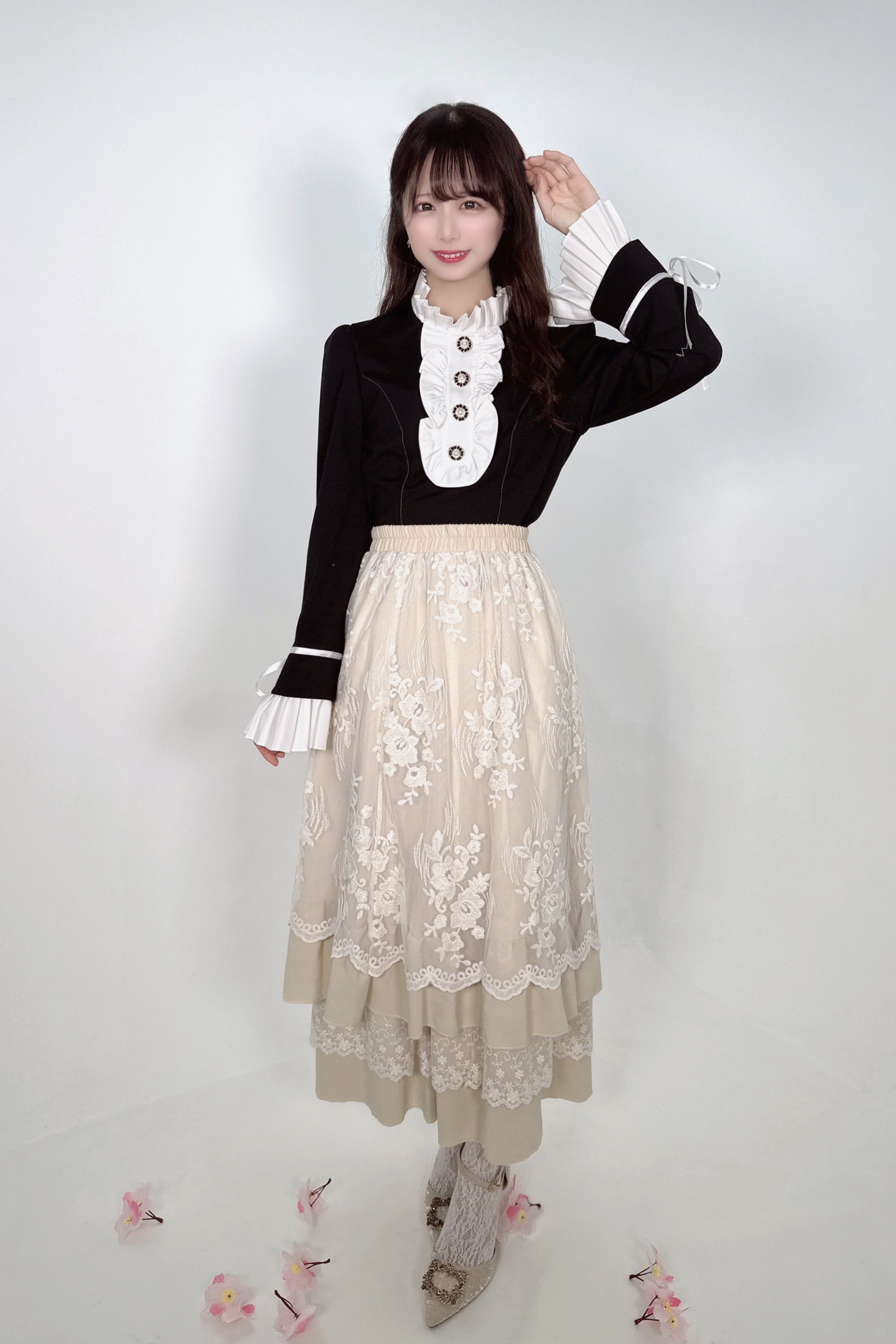 French Embroidery Lace Frill High Waist Skirt　