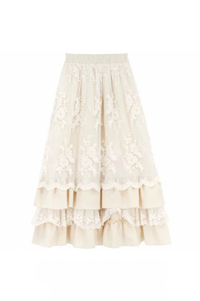 French Embroidery Lace Frill High Waist Skirt　