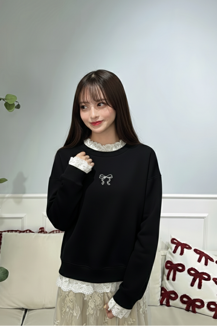 Chic Ribbon Lace Sweatshirt