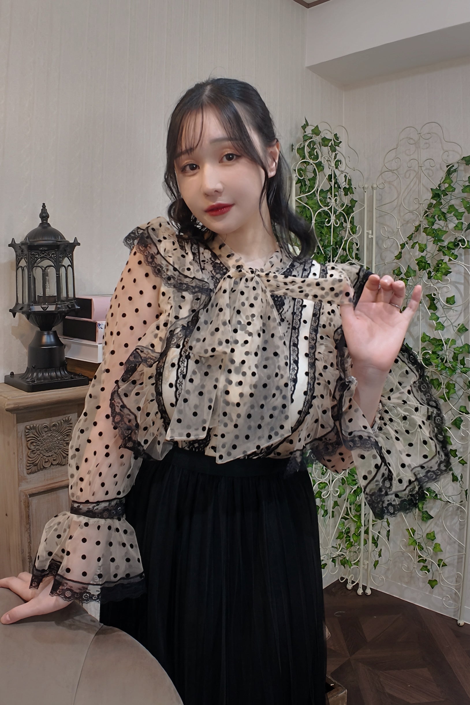 Romantic Dot Ribbon Blouse