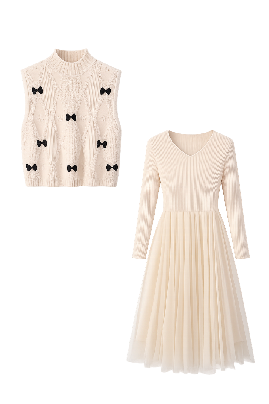 Ribbon Knit & Tulle One-piece Set　