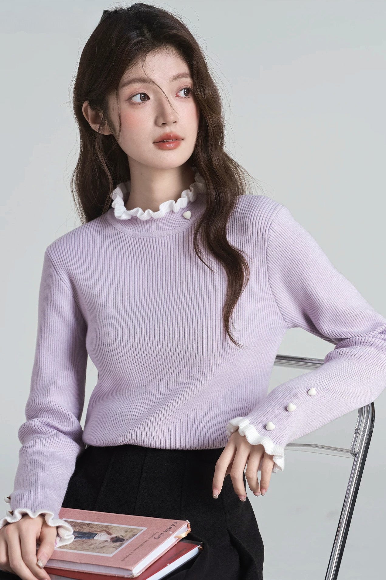 Lilac Pearl Frill Knit Top