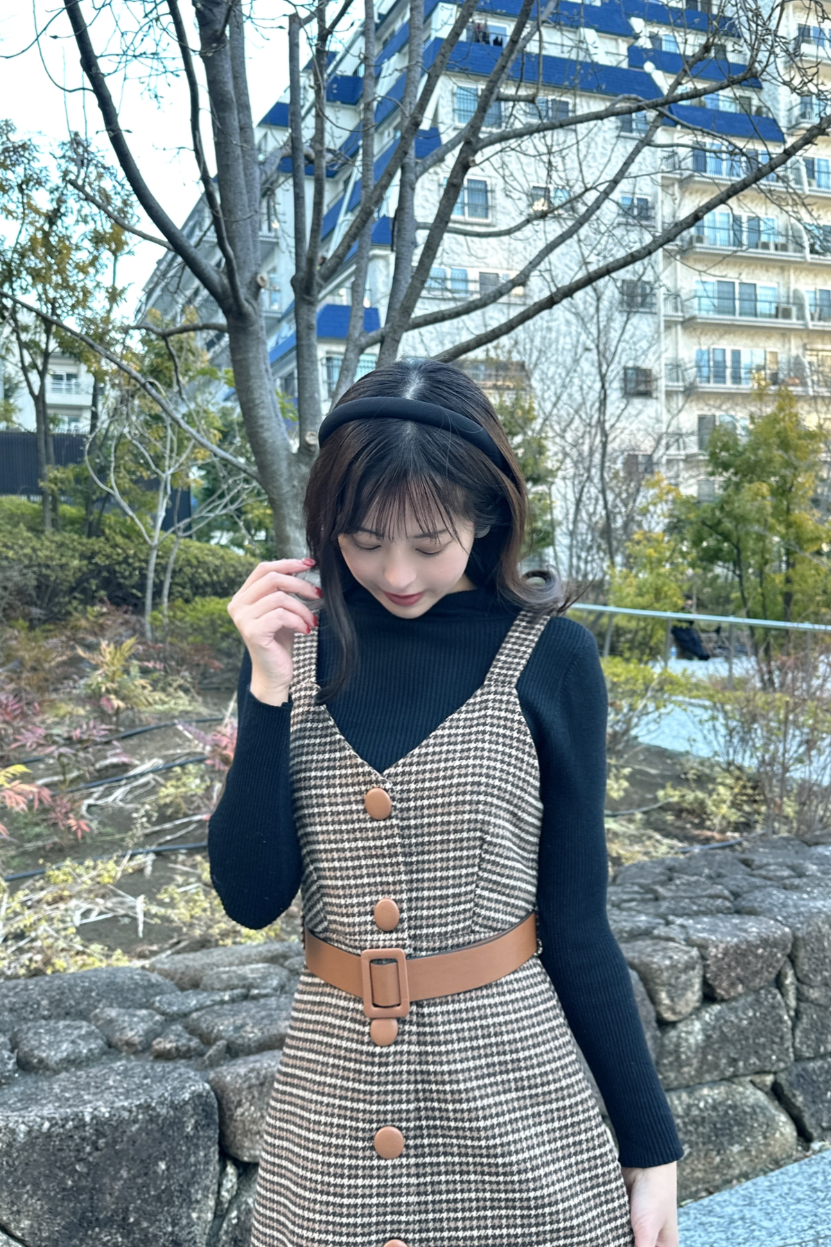 Retro A-line brown Check Dress Set