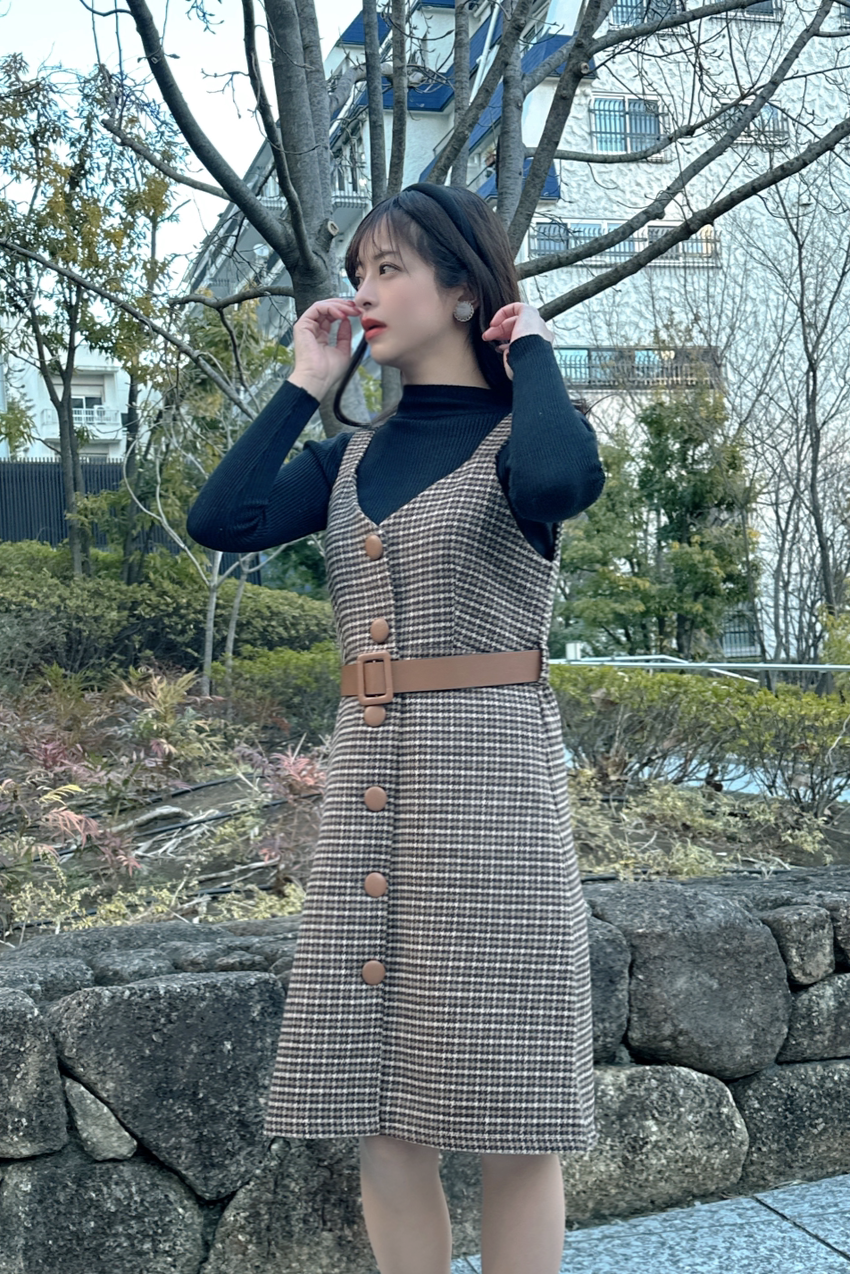 Retro A-line brown Check Dress Set